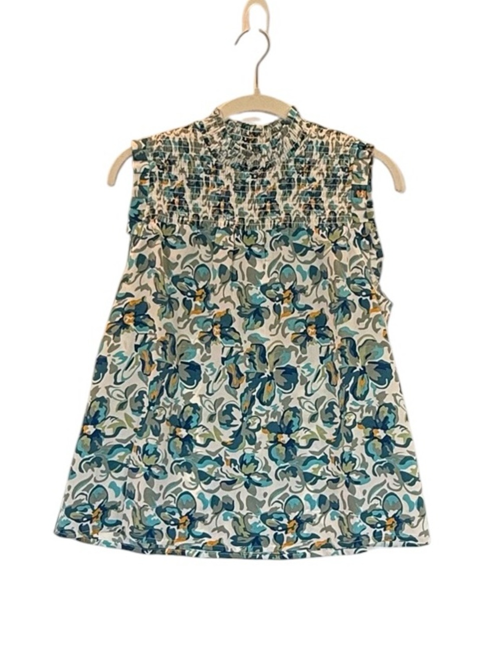 NWT THML Smocked Mock Neck Sleeveless Blue Print Top $60